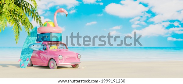 Car with luggage and beach\
accessories ready for summer vacation. 3D Render 3D\
illustration