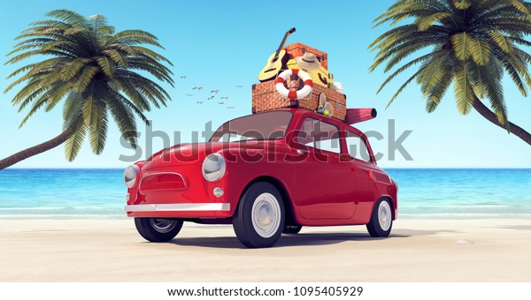 Car with luggage on the roof\
on the beach ready for summer vacation 3D Rendering, 3D\
Illustration