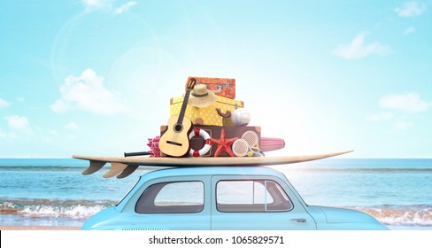 Car With Luggage On The Roof Ready For Summer Vacation 3D Rendering, 3D Illustration