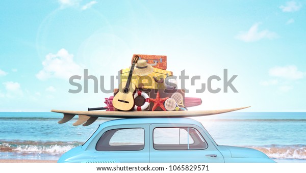 Car with luggage on the roof ready for\
summer vacation 3D Rendering, 3D\
Illustration