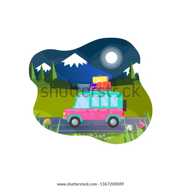Car With Luggage on Roof Ready for Summer Vacation\
and Camping. Hatchback Driving along Mountains Landscape at Night\
Time. Moon Shining. Friends or Family Trip. Cartoon Flat\
Illustration. Icon.