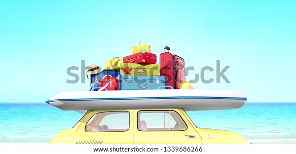 Car with luggage ready for summer vacation\
3D Render 3D\
illustration