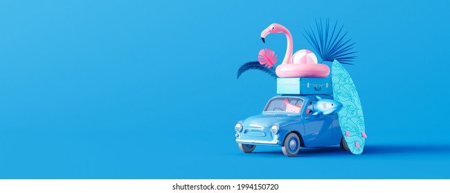 Car With Luggage And Summer Accessories On Blue Background. Creative Minimal Vacation And Travel Concept Idea With Copy Space 3D Render 3D Illustration