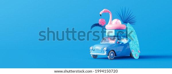 Car with luggage and summer accessories\
on blue background. Creative minimal vacation and travel concept\
idea with copy space 3D Render 3D\
illustration