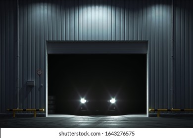 Car With Luminous Headlights Stands At Night In Garage. 3d Render