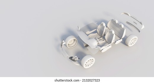 Car Main Body Parts Assembly On White Ground. 3d Render