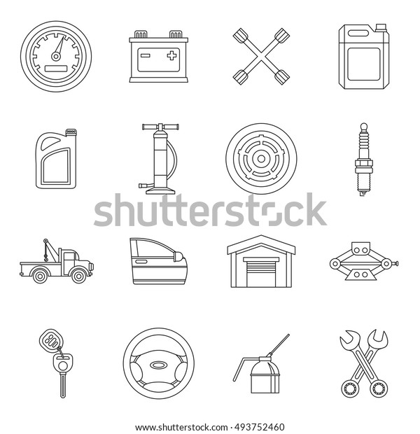 Car maintenance and repair icons\
set in outline style. Auto service set collection \
illustration