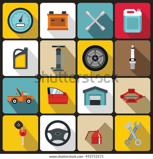 Car maintenance and repair icons\
set in flat style. Auto service set collection \
illustration