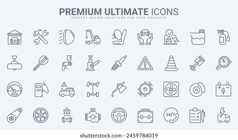 Car maintenance service, workshop garage equipment thin line icons set illustration. Outline pictogram of mechanic tools to repair engine and change tires, road safety sign and emergency call - Powered by Shutterstock