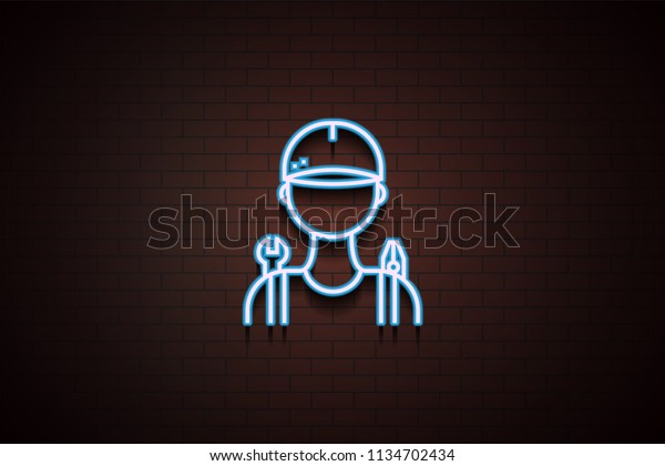 car mechanic icon in Neon style on brick wall\
on dark brick wall\
background