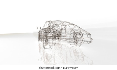 Car Model Body Structure, Wire Model With Reflect 3d Rendering	
