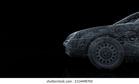 Car Model Body Structure, Wire Model With Reflect 3d Rendering	
