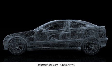 Car Model Body Structure, Wire Model 3d Rendering	
