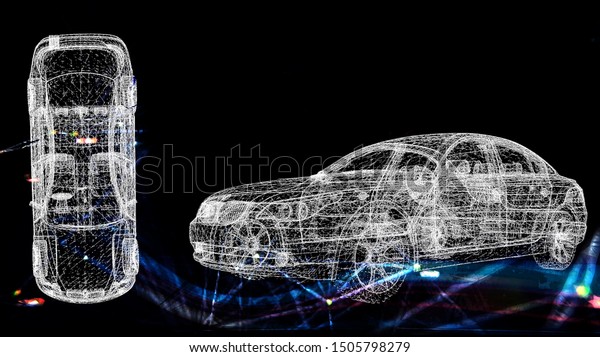 car model body structure, wire model with\
Edge Glow,Abstract Technology  auto in the form of a starry sky or\
space, consisting of points,  3d\
rendering