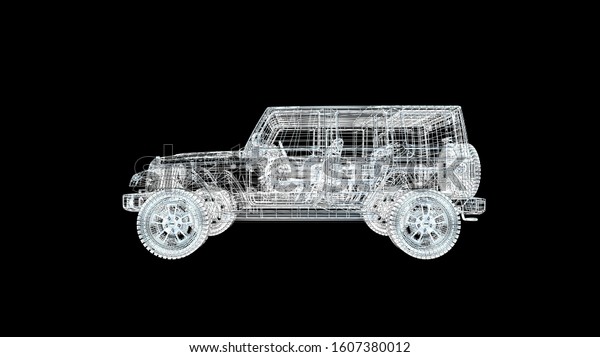 car model\
body structure, wire model 3d\
renderring