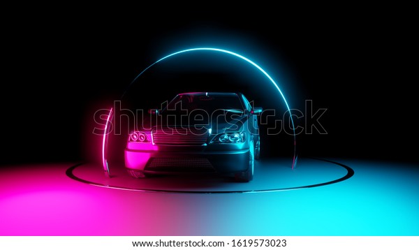 Car with neon light circle frames on dark\
background. 3D\
illustration