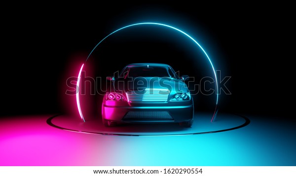 Car with neon light circle frames on dark\
background. 3D\
illustration