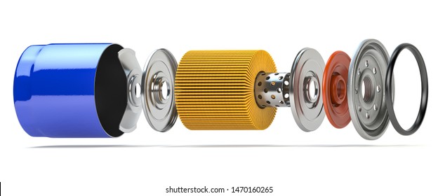 Car Oil Filter Isolated On White. Exploded View. 3d Illustration