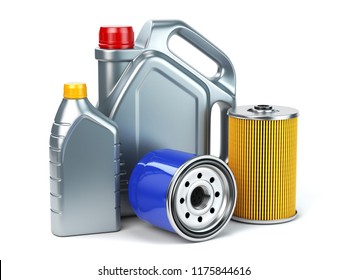 Car oil filter and motor oil canisters isolated on white background. Auto service and car maintenance concept. 3d illustration