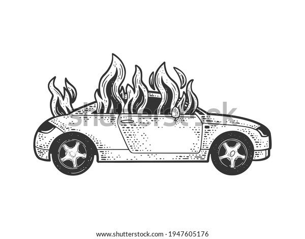 car on fire sketch engraving raster illustration.
T-shirt apparel print design. Scratch board imitation. Black and
white hand drawn
image.