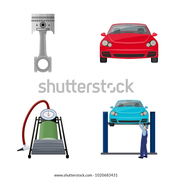 Car on lift, piston and pump cartoon icons in set\
collection for design.Car maintenance station bitmap symbol stock\
illustration web.