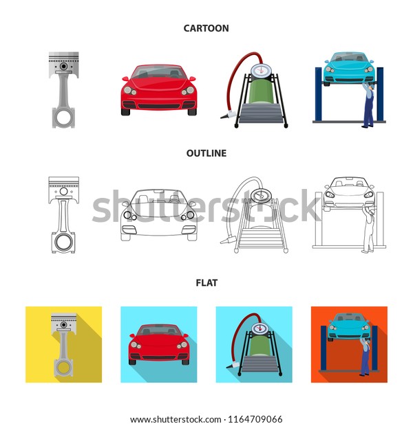 Car on lift, piston and pump\
cartoon,outline,flat icons in set collection for design.Car\
maintenance station bitmap symbol stock illustration\
web.