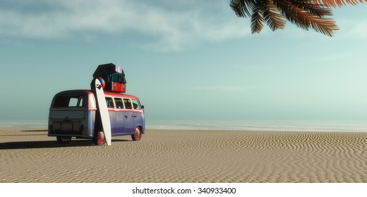 Car On A Tropical Beach And Palm