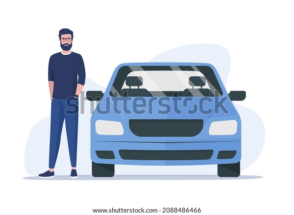 Car owner\
concept. A man is standing next to his car. Colored flat\
illustration. Isolated on white\
background.