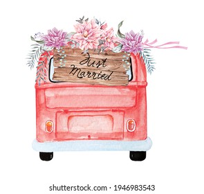 Car Painting For Wedding With Watercolor Decorated With Lily Flower.Antique Van Painted With Watercolors.Red Car JUST MARRIED.Illustration Of Vintage Red Car On A White Background.