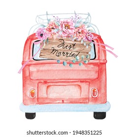 Car Painting For Wedding With Watercolor Decorated With Flower.Antique Van Painted With Watercolors.Red Car JUST MARRIED.Illustration Of Vintage Red Car On A White Background.