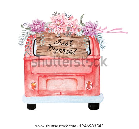 Car painting for wedding with watercolor decorated with lily flower.Antique van painted with watercolors.Red car JUST MARRIED.Illustration of vintage red car on a white background.