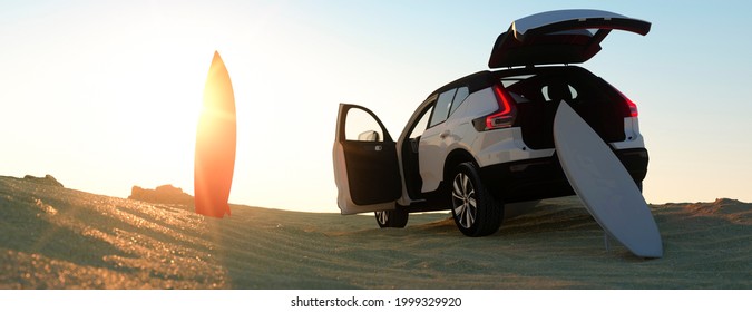 Car Parked On Beach At Sunrise With Two Surf Boards 3d Render