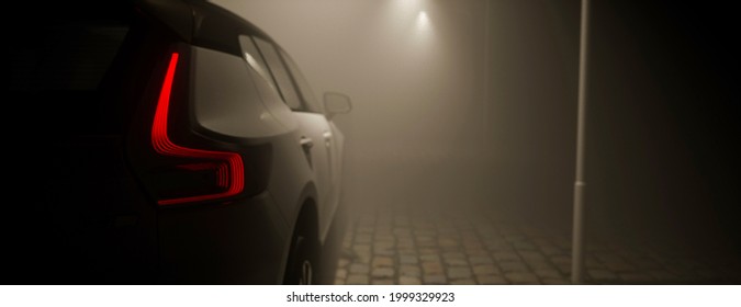 Car Parked On A Foggy Street Under Street Lamps At Night 3d Render