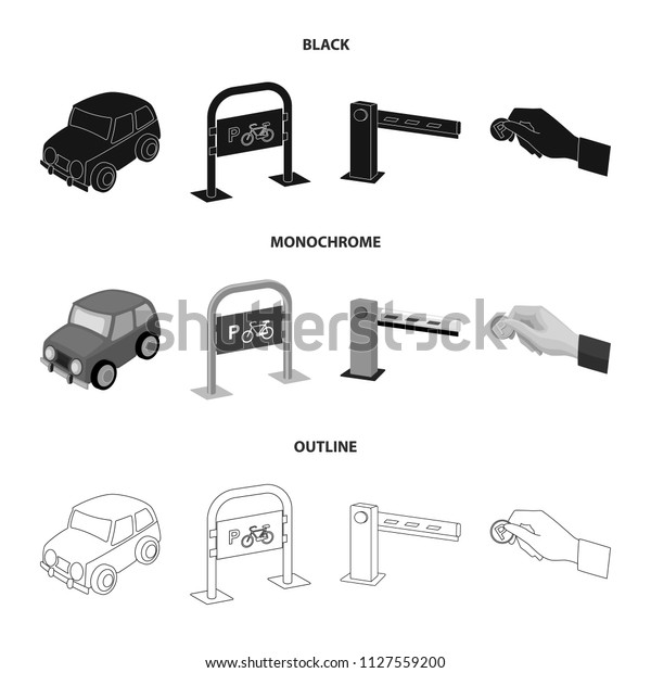 Car, parking\
barrier, bicycle parking place, coin in hand for payment. Parking\
zone set collection icons in black,monochrome,outline style bitmap\
symbol stock illustration\
web.