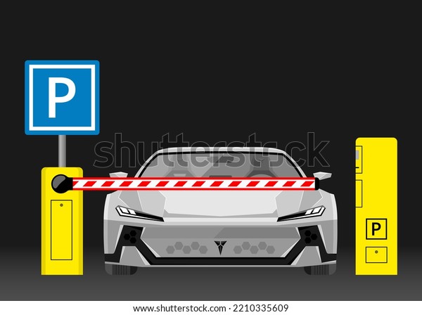 Car parking concept.
Parking zone with payment system. Car front view. Parking entrance
with barrier. The car passes through a restrictive barrier into
paid parking lot