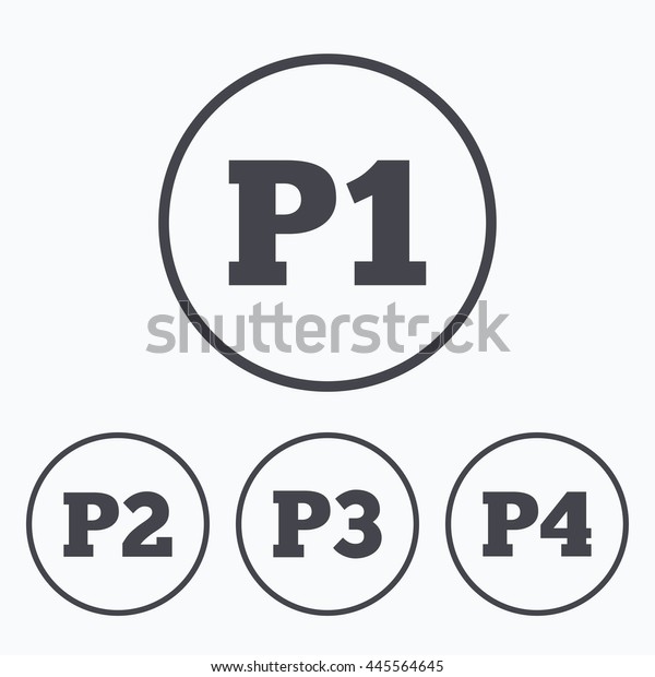 Car parking icons.\
First, second, third and four floor signs. P1, P2, P3 and P4\
symbols. Icons in\
circles.