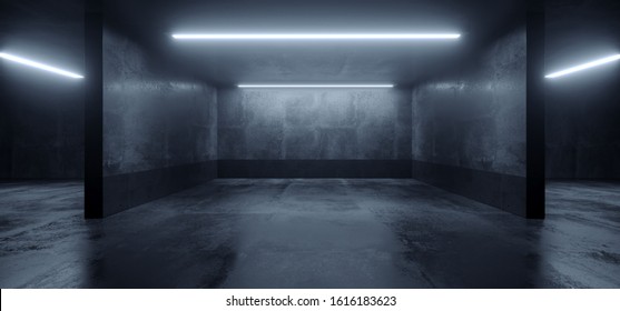 Car Parking Sci Fi Lightning Laser Led Grunge Modern Futuristic Cement Concrete Grunge Wide Huge Warehouse Garage Tunnel Room Underground 3D Rendering Illustration