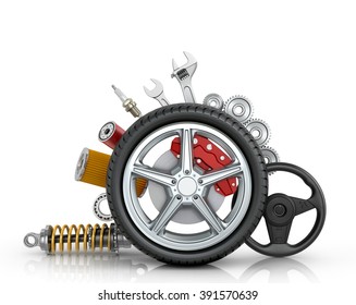 Car Parts Around The Wheel Isolated On White Background.