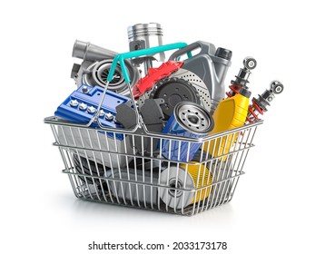 Car parts and auto spare in shopping basket isolated on white. 3d illustration - Powered by Shutterstock