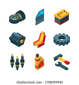 Car Parts. Automobile Tools Engine Transmission Steering Wheel Exhaust Pipe Isometric Icon Collection