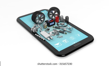 Car Parts On Tablet,isolated On White Background