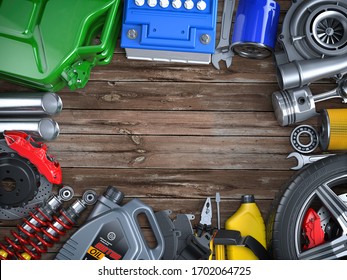 Car parts, spares and accesoires on wooden table. Auto service and car repair workshop concept. 3d illustration