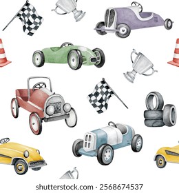 Car pattern.Watercolor seamless pattern with multicolor vintage cars,wheels,flag,goblet.Childish pattern for boys.Fabric design.Retro automobiles