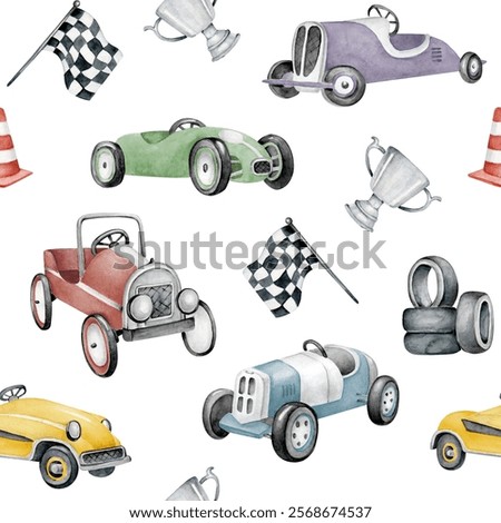 Car pattern.Watercolor seamless pattern with multicolor vintage cars,wheels,flag,goblet.Childish pattern for boys.Fabric design.Retro automobiles