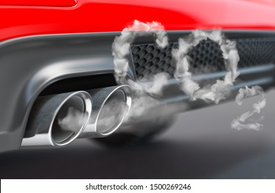 Car Pipe With Co2 Carbon Dioxide Emissions. Combustion Fumes Coming Out Of Car Exhaust Pipe. 3d Illustration