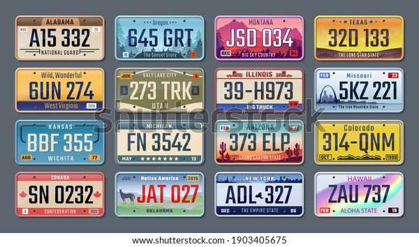 Car plates. American registration numbers of\
different states, vehicles license plates.  isolated illustration\
colored signs set on gray\
background