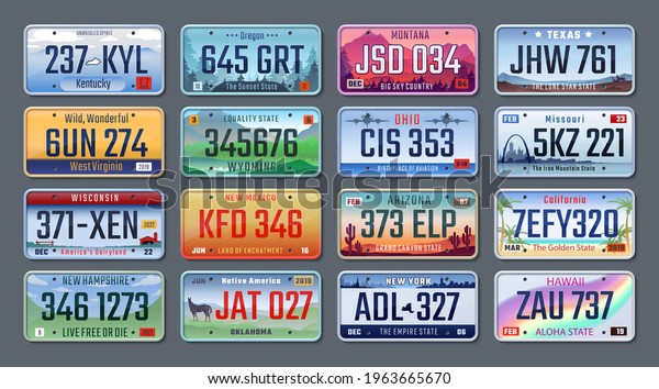 Car plates.
Vehicle license numbers of different American states and countries,
truck registration numbers. 
set