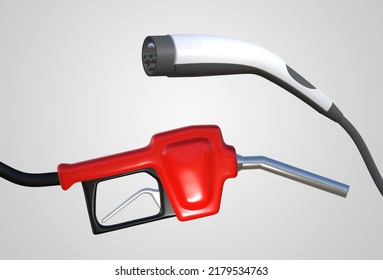 Car Power Charger And Gasoline Pistol Pump Fuel Nozzle, 3D Rendering Image