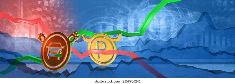 Car Price Drop In Ruble. Affordable Cost Of Vehicles In Russia Concept. 3D Illustration Of Bearish Automotive Industry Trend