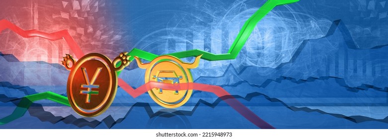 Car Price Growth In Yen Or Yuan. Expensive Cost Of Vehicles In China Or Japan Concept. 3D Illustration Of Bullish Automotive Industry Trend